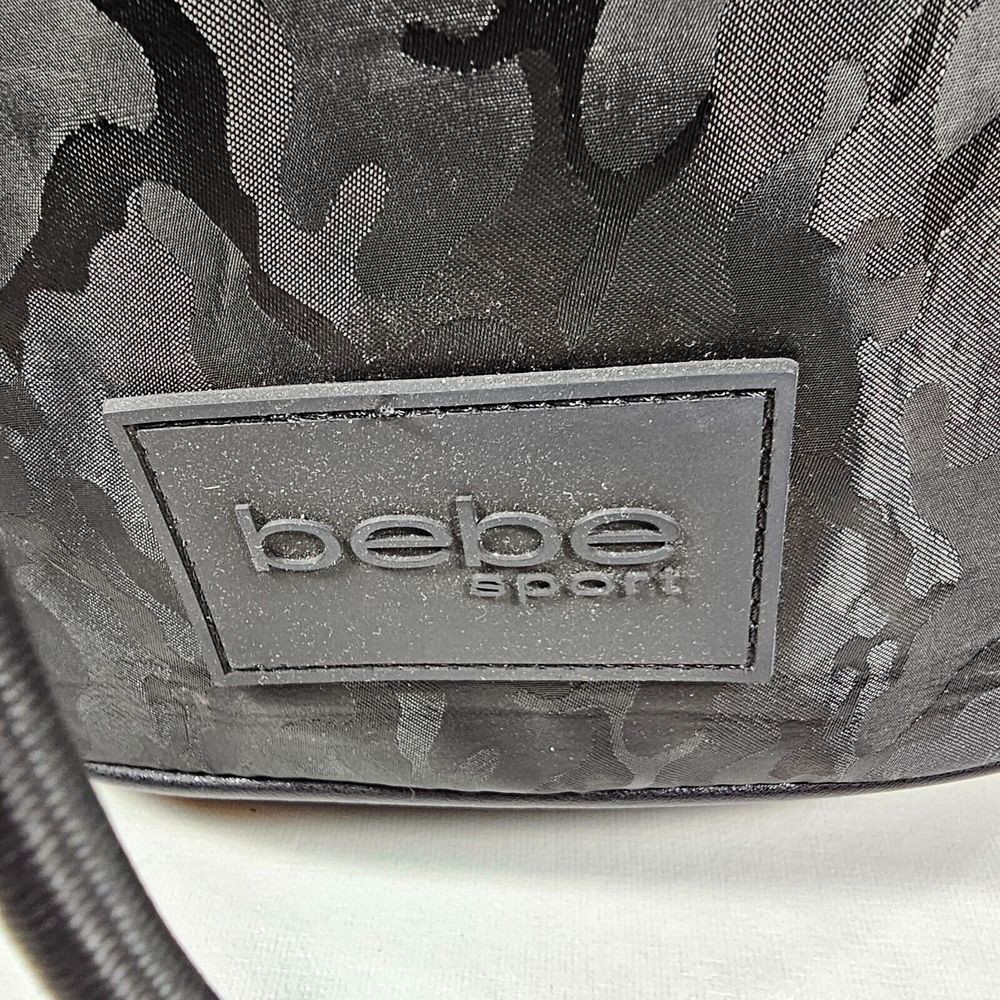 Bebe Sport Convertible Bucket Shoulder Bag Drawstring Zippered Camo Black Womens - Picture 2 of 16
